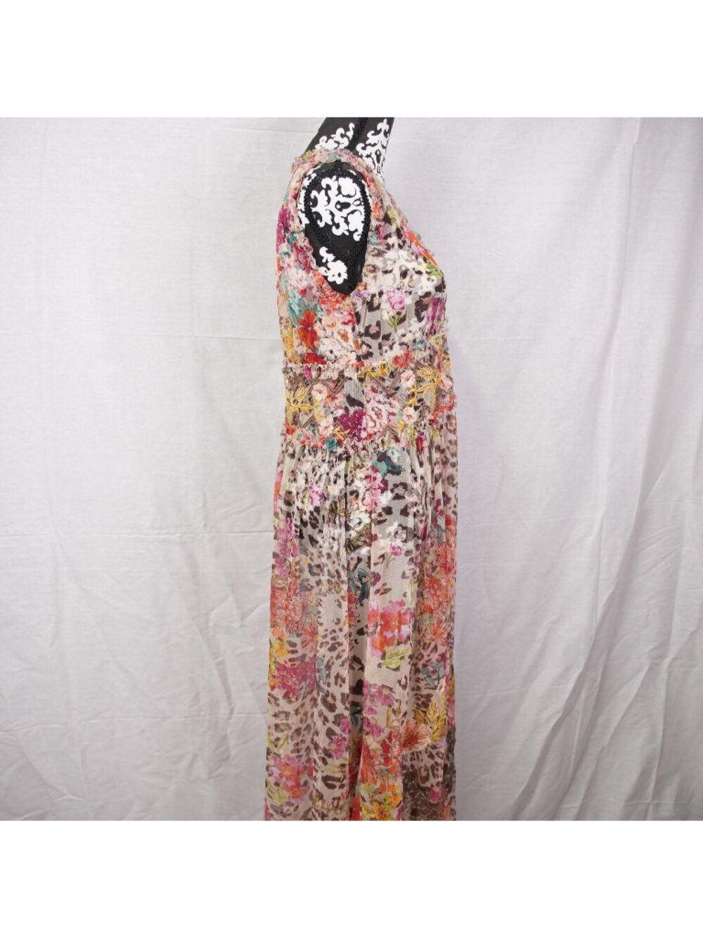 Johnny Was Mazzy Boxy Shirred Dress Sz Small Floral Animal Print Leopard No Slip - Picture 3 of 15